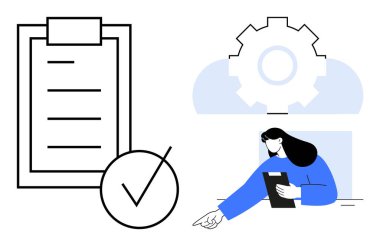 İşaretli ve soyut teçhizatlı kontrol listesi, görevleri pano ile yöneten kadın. Üretkenlik, iş akışı, takım çalışması, verimlilik, işlemler, planlama, süreç iyileştirme için ideal basit iniş sayfası