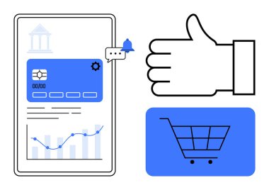 Mobil ekranda kredi kartı, grafikli analitik, alışveriş arabası, bilgilendirme ikonu ve onay eli. Çevrimiçi ödeme, bankacılık, finans, alışveriş analizlerinin onaylanması için ideal