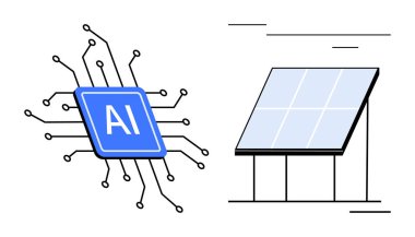 Güneş paneliyle bağlantılı yapay zeka çipi. Teknoloji için ideal, yenilenebilir enerji, sürdürülebilirlik, yenilik, yeşil teknoloji, yapay zeka, gelecekteki trendler. Basit düz metafor