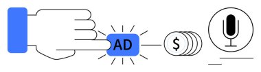 Dolar işaretli bozuk paralar ve mikrofon ikonuyla parmak reklamı tuşuna bas. Reklam, bütçe planlaması, dijital pazarlama, para kazandırma, içerik oluşturma, PPC kampanyaları, basit iniş sayfası için ideal