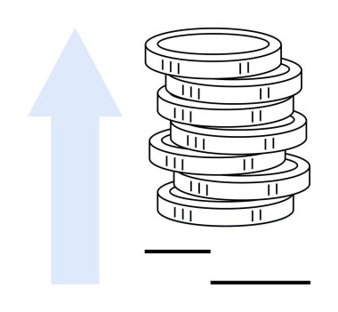 Yükselen bir okun yanında birikmiş paralar finansal büyümeyi, karlılığı ve başarıyı temsil ediyor. Yatırım, zenginlik yönetimi, tasarruflar, ekonomik büyüme, gelir ve kâr stratejisi için ideal