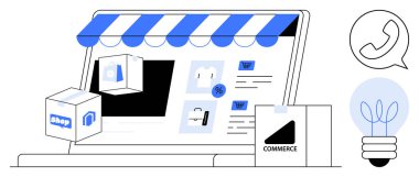 Paketler, alışveriş ikonları, ampul ve mesaj ögesiyle çevrimiçi mağaza önü. E-ticaret, perakende, dijital ticaret, yenilik, pazarlama çevrimiçi iş iletişimi için ideal