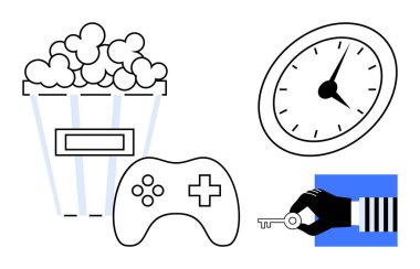 Patlamış mısır kovası, analog saat, oyun kumandası ve basit tasarımda bir anahtarı tutan el. Zaman yönetimi, eğlence, oyun, sinema karar verme ve potansiyel kilidi açmak için ideal