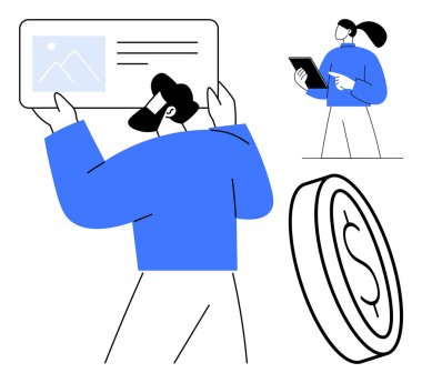 Geniş dijital içerik arayüzü olan kişi, tablet kullanan kadın ve para madeni para değişimi veya işbirliği öneriyor. Takım çalışması, finans, iş, uygulamalar, e-öğrenme, işlemler için ideal