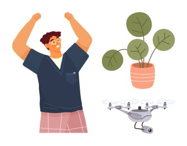 Kollarını kaldırmış gülümseyen bir adam bir saksı bitkisi ve uçan bir kuadkopterin yanında kutlama yapıyor. Yenilik, teknoloji, kutlama, yaşam tarzı, modern hobiler, büyüme ve motivasyon için ideal. Basit düz