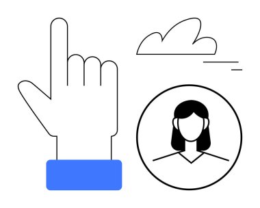 Geniş bir el dairesel bir avatar portresi ve soyut bulut motifinin yanında yukarı doğru işaret ediyor. Kullanıcı arayüzü, seçim, kullanıcı odağı, erişilebilirlik, bağlantı, özelleştirme, basit iniş sayfası için ideal