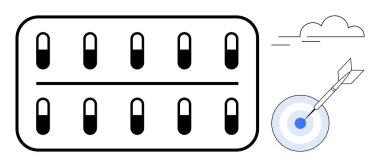 Bir dart dartının yanı sıra bir hedefe isabet eden su toplayan haplar, sağlık hedefleri, sağlık hedefleri, ilaç verimliliği, hassasiyet, tedavi başarısı, ilaç yenilikleri ve sağlık hizmetlerini vurguluyor.