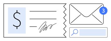 Dolar işaretli ödeme makbuzu, imza, e-posta zarfı tebligatı ve arama barı. Finans, iletişim, e-posta uyarıları, işlem izleme, iş araçları organizasyonu için idealdir