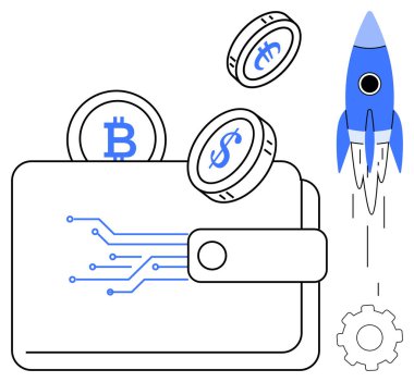 Bitcoin 'li cüzdan, bozuk paralar, devre hatları ve havada asılı duran roket. Engelleme zinciri, kripto para birimi, fintech, yenilik finansal büyüme yatırımları teknolojisi için idealdir. Temiz düz grafik biçimi
