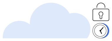 Büyük bulut şekli, asma kilit güvenliği ve saati temsil ediyor. Teknoloji, veri depolama, siber güvenlik, zaman yönetimi, bulut hizmetleri, korumalı erişim için ideal basit düz metafor