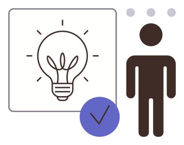 Ampul, insan figürünün yanında yaratıcılığı ve karar vermeyi sembolize eden işaretleri temsil ediyor. Yenilik, beyin fırtınası, çözümler, liderlik, verimlilik, seçimler için ideal