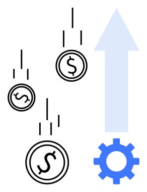 Dolar işaretli sikkeler mavi dişli ve yukarı doğru yükselen oklar büyümeyi, yatırımı ve ilerlemeyi simgeliyor. Finans, işletme, başarı, yatırım, ekonomik başarı ve karlılık için ideal