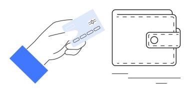Cüzdana bakan kredi kartı bir alışveriş olduğunu gösteriyor. Finans, e-ticaret, ödemeler, bankacılık, ekonomi, modern teknoloji ve bütçe temaları için ideal. Basit düz metafor