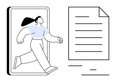 Akıllı telefondan çıkıp gelişmeyi, dijital dönüşümü, çoklu görevi, iş akışını, iletişimi, adaptasyonu, yaratıcılığı simgeleyen bir belgeye doğru adım atan dinamik bir figür. İdeal