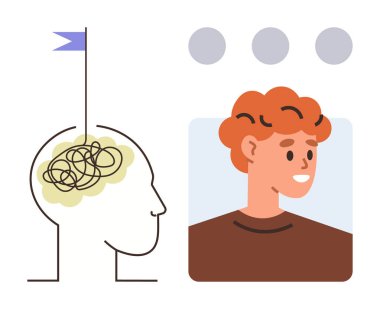 İçinde birbirine dolanmış halatlar ve gülümseyen birinin yanında bayrak olan bir kafa tasviri. Psikoloji, akıl sağlığı, öz farkındalık, karar verme, kişisel büyüme, pozitiflik için ideal