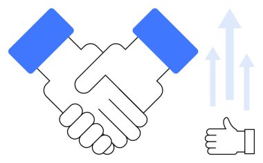 Profesyonel el sıkışma, yukarı bakan oklar ve baş parmak kaldırma ikonu eşliğinde. Takım çalışması, işbirliği, başarı, ortaklık, destek, büyüme, basit iniş sayfası için ideal