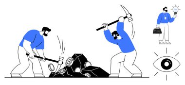 İşçiler aletleri kullanarak mineralleri çıkarırken evrak çantalı bir profesyonel ampulü tutuyor. Göz simgesi muhtemelen görme ya da görme duyusunu simgeliyor. Takım çalışması, yenilik ve kaynak kullanımı için ideal