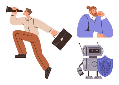 Teleskop kullanan adam liderliği sembolize ediyor, odaklan. Düşünceli düşünür, stratejiyi temsil eder. İkili kalkan kullanan robot yapay zeka ve siber güvenliği ön plana çıkarıyor. Liderlik ve yenilik için ideal