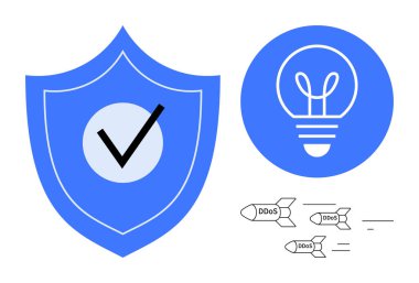 Kontrol işaretli kalkan, ampul simgesi, DDoS etiketli füzeler siber güvenliği, yeniliği ve savunmayı simgeliyor. Siber güvenlik, teknoloji, yenilik, veri koruması İnternet güvenliği için ideal