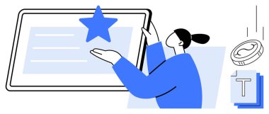 Kadın tabletle etkileşime giriyor, bir yıldızı vurguluyor. Para ve harf elementleri. Tanınmak için ideal, başarı, ödüller, teknoloji, üretkenlik, büyüme sade iniş sayfası
