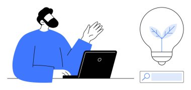 Adam dizüstü bilgisayar kullanıyor, tartışmada el kaldırıyor, filizli fikir ampulü, arama çubuğu. Yenilik, ekoloji, beyin fırtınası, tartışma, takım çalışması yaratıcılığı için ideal basit iniş sayfası