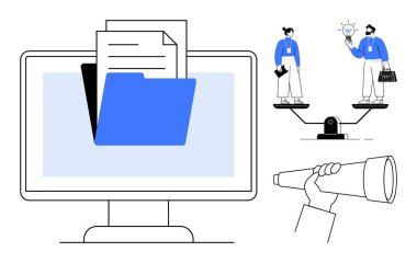 Belgeli bilgisayar dizini, fikirleri karşılaştırma ölçeği ve görüşü sembolize eden teleskop. Takım çalışması, iş planlaması, belge yönetimi, strateji, hedef belirleme, karşılaştırma için ideal