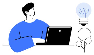 Adam dizüstü bilgisayar kullanarak masada oturuyor, içinde bitki olan ampul büyümeyi ve yeniliği, sürdürülebilirlik ve dengeyi simgeliyor. Yaratıcılık, iş, yenilik, sürdürülebilirlik için ideal