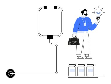 Sıvı dolu kavanozları ve sadeleştirilmiş kablo düzeneğini incelerken elinde ampul tutan adam. Yenilik için ideal, enerji, yaratıcılık, problem çözme, bilim, mühendislik, araştırma, basit düz