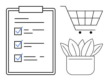 İşaretli görevleri olan pano, alışveriş arabası ve temiz bir saksı bitkisi. Üretkenlik, organizasyon, alışveriş, çevre dostu kavramlar, minimalizm planlaması ve sürdürülebilirlik için idealdir. Basit.