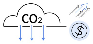 Karbon salınımı için aşağı doğru ok, ilerleme için yukarı ok ve finansal teşvikler için dolar çemberi olan CO2 bulutu. Sürdürülebilirlik, çevre, temiz enerji, ekonomi ve yenilik için ideal