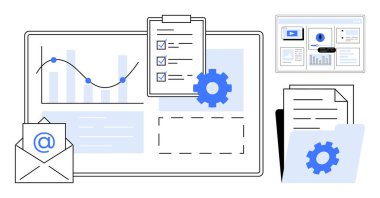 Grafikler, kontrol listesi, ayarlar, e-posta simgesi ve planlama, verimlilik, veri yönetimi ve analizi kavramsal olarak temsil eden belgeler. İş akışı organizasyonu ofis görevleri için ideal
