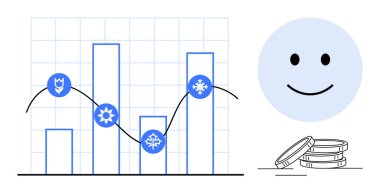 Mevsimlik simgeler, moda çizgisi, gülen yüz ve madeni paraların bulunduğu bar tablosu büyümeyi, performansı veya finansal döngüleri görselleştirir. İş için ideal, analiz, büyüme finans mevsimleri veri eğilimleri
