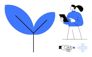 Yaprak büyümeyi sembolize ediyor, kadın elinde bir tablet tutuyor düşünceli bir şekilde el kol hareketi yapıyor, hap ve haç sunuyor. Sağlık, sağlık, büyüme, eko-bilinç, teknoloji, tıp eğitimi için idealdir.