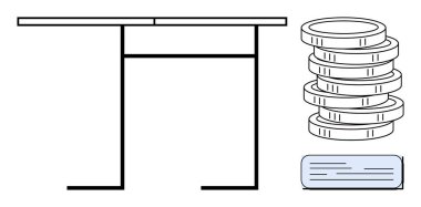 Bir yığın bozuk para ve dikdörtgen dokümanlı minimalist masa düzeneği. Finans, bütçe, tasarruf, minimalist çalışma alanı, yatırım, ekonomi ve basit düz metafor için ideal