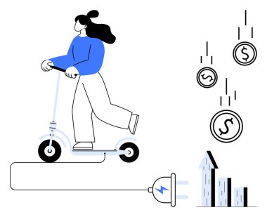 Elektrikli scooter 'daki kadın şarj aletine bağlı, dolar paraları tasarrufu gösteriyor, bar tablosu büyümeyi gösteriyor. Sürdürülebilirlik, finans, eko-ulaşım, yatırım, büyüme, hareketlilik için ideal basit iniş