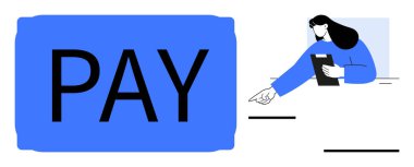 Büyük mavi ödeme butonuyla birlikte tabletli bir kadın da çatışmayı işaret ediyor. Fintech, çevrimiçi ödeme, e-ticaret, mobil uygulamalar, finansal hizmetler, teknoloji çözümleri, basit iniş sayfası için ideal