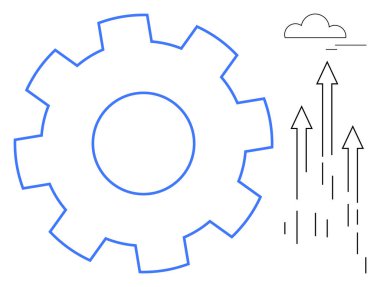 Yukarı doğru ok ve küçük bulut temalı temalı takım çalışması, büyüme, yenilik ve başarı. İş, üretkenlik, teknoloji, kalkınma, strateji mühendisliği ilerlemesi için ideal