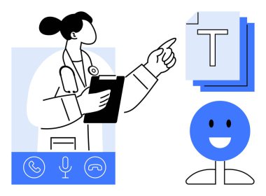 Doktor elinde bir not panosu tutuyor, metin dosyalarına bakıyor. Simgelerle video arayüzü. Ön planda gülen yüz. Teletıp, uzaktan sağlık, çevrimiçi danışma, dijital hizmetler için ideal