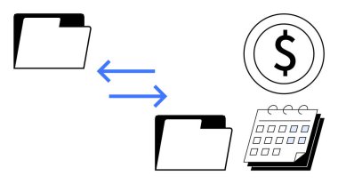 Yakınlarda bir dolar simgesi ve takvim sembolü olan çift yönlü oklarla birbirine bağlı iki klasör. Veri paylaşımı, dosya yönetimi, bütçe oluşturma, işlem süreçleri, zamanlama, finansman için ideal