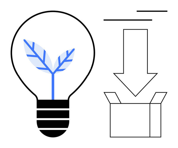 Лампочка, содержащая растение, представляющее инновации и рост, стрелка, указывающая на открытую коробку для упаковки, хранения или решений. Идеально подходит для творчества, экодизайна, зеленой энергетики