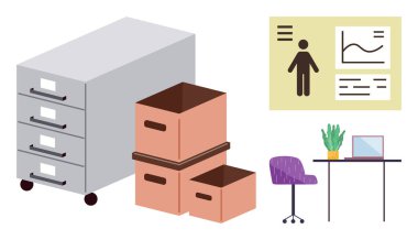 Dosya dolabı ve arşiv kutuları bir ofiste sandalye, bitki ve dizüstü bilgisayarın olduğu bir masanın yanına istiflenmiş. Duvara monte edilmiş bir bilgi grafiği veri grafiklerini gösterir. Üretkenlik, organizasyon, depolama için ideal