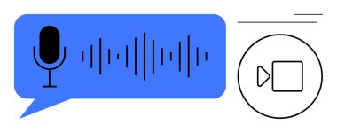 Mikrofon, ses dalgası konuşma balonu, video kamera ikonu. İletişim, kayıt, yayın, sesli mesajlar, takım çalışması, konferans teknolojisi için ideal basit düz metafor