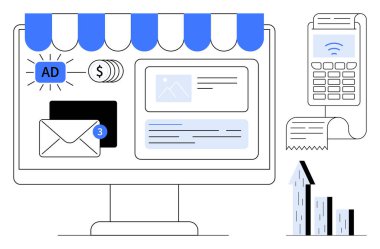 Reklam tebligatı, e-posta uyarısı, fiyat sembolü, kart okuyucu, makbuz ve büyüme grafiği olan bir ekran. Basit iniş sayfası reklamları için pazarlama, e-ticaret, iletişim finans analizi için ideal