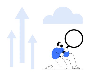 Büyüteç tutan adam yukarı doğru ok ve bulutun yanında diz çöküyor. Analiz, büyüme, yenilik, bulut hesaplama, ilerleme, strateji, başarı içgörüleri, basit düz metafor