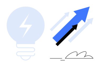 Yıldırımlı ampul ve dinamik oklar yeniliği, gelişimi, ilerlemeyi ve enerjiyi simgeliyor. İş için ideal, yaratıcılık, hedefler, başarı stratejisi teknolojisi ve girişimler için. Basit.