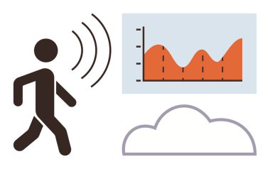 Dalgalar yayan kişi, değişken verileri gösteren çizgi çizelgesi ve biçimlendirilmiş bulut. Teknoloji, veri analizi, uygunluk, bulut hesaplama, kablosuz bağlantı trend izleme için ideal. Basit düz