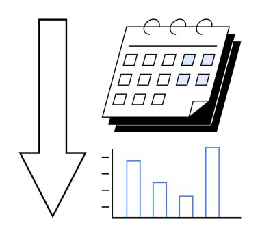 Aşağı doğru ok, spiral takvim ve eğilim analizini, zamanlamayı ve ölçümleri gösteren çubuk grafik. Zaman yönetimi, ilerleme takibi, verimlilik, veri analiz planlama için ideal