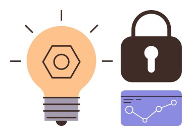 Işıklı ampul, kapalı kilit ve çizgi grafikli veri tablosu. Yenilik, güvenlik, analitik, teknik çözümler, sorun çözme fikri mülkiyet pazarlama kavramları için idealdir. Basit düz