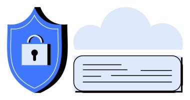 Kilitli mavi kalkan, bulut grafiği ve metin paneli veri güvenliğini, bulut depolama şifrelemesini, siber güvenliği ve mahremiyeti temsil ediyor. IT, yazılım, güvenlik çevrimiçi koruma ve mahremiyet için ideal