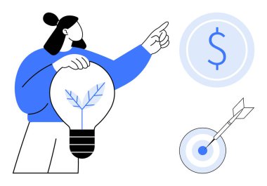 Kadın figürü yaprak grafikli bir ampul tutuyor, bu da yeniliği gösteriyor. Finansal ilerleme sembolü ve hedefe dart dartı. Sürdürülebilirlik, finans, hedefler, yenilik ve büyüme için ideal